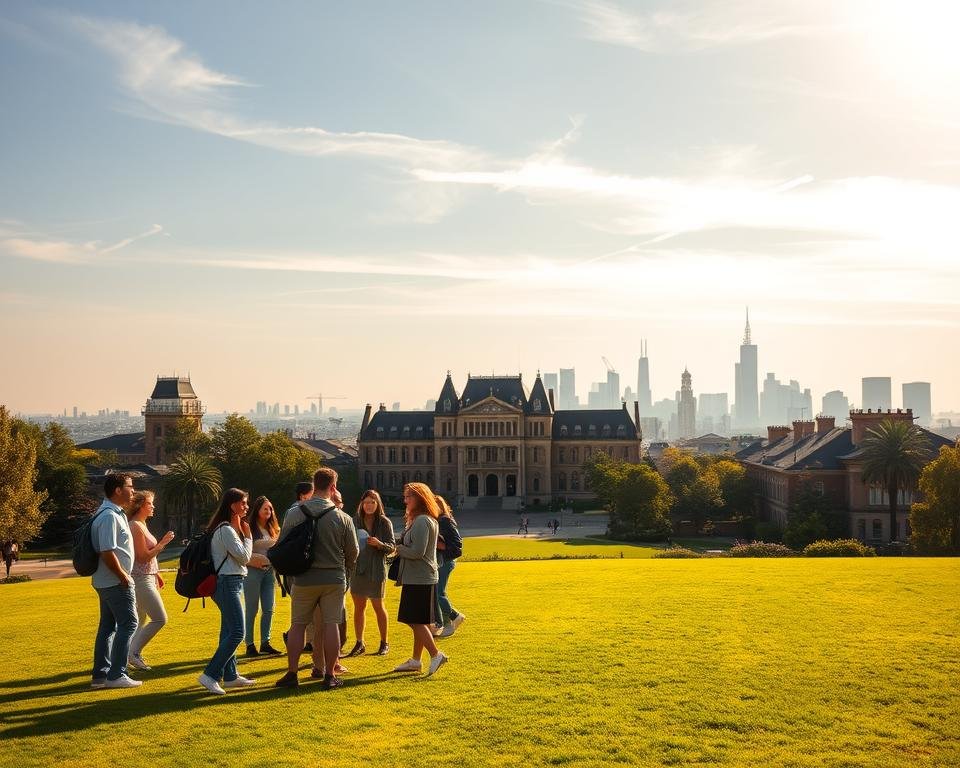 A tranquil, sun-drenched campus scene overlooking a lush, manicured lawn. In the foreground, a group of diverse international students converse animatedly, their faces alight with enthusiasm. Poised in the middle ground, a grand, neo-Gothic university building stands, its stately facade reflecting the institution's prestige. In the background, the iconic skyline of a bustling Australian city gently fades into the distance, hinting at the vibrant opportunities that await these scholars. Warm, soft lighting filters through wispy clouds, imbuing the scene with a sense of promise and potential.