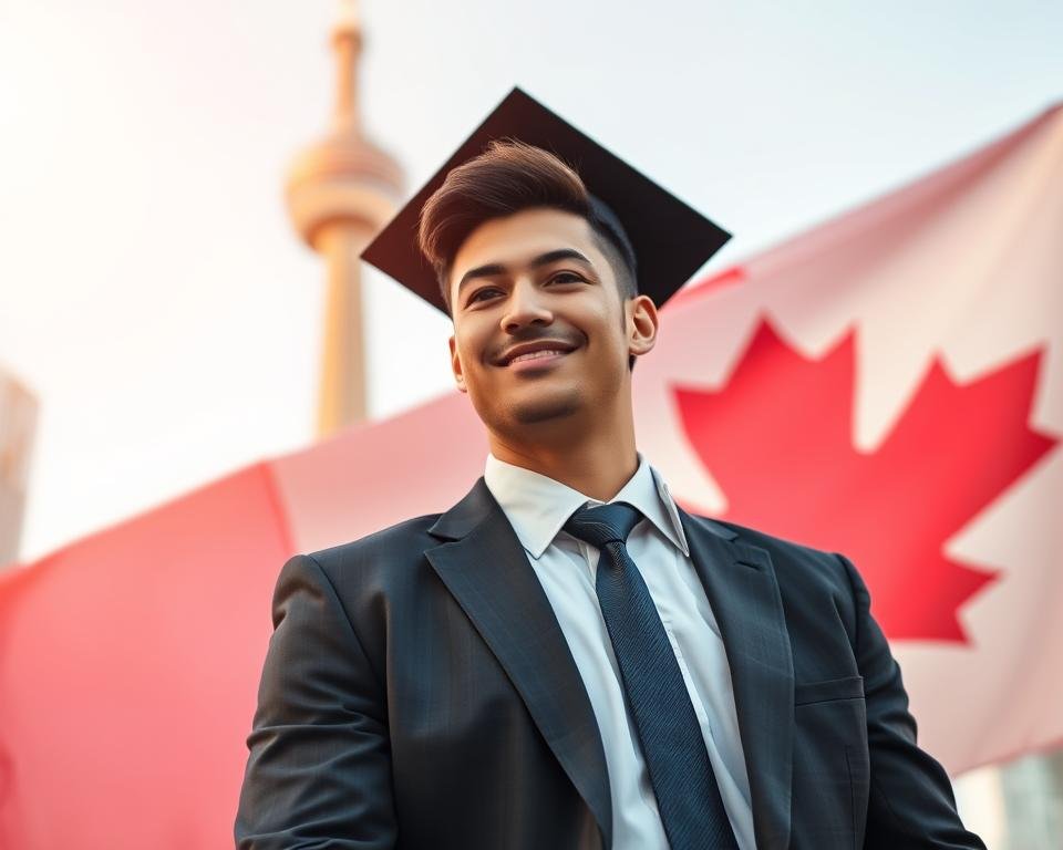 A well-dressed MBA graduate standing confidently against the backdrop of the Canadian flag, the CN Tower in the distance. The graduate's expression exudes pride and determination, conveying the excitement of securing a post-study work visa in Canada. Warm, directional lighting emphasizes the graduate's face and sharp business attire, creating a professional, aspirational atmosphere. The composition is balanced, with the graduate positioned slightly off-center, allowing for negative space to draw the viewer's eye. The overall scene captures the essence of "MBA Graduate Visa Canada: Key Information" - the culmination of academic achievement and the open doors of opportunity in the Great White North.