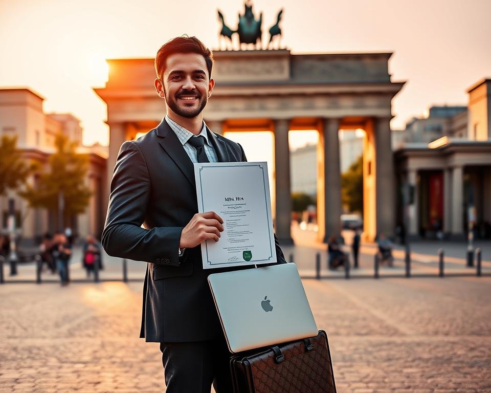 A well-dressed MBA graduate stands proudly, holding their degree certificate, against the backdrop of the iconic Brandenburg Gate in Berlin. Warm afternoon sunlight casts a golden glow, illuminating the graduate's confident expression. In the foreground, a sleek laptop and briefcase symbolize the professional opportunities awaiting. The middle ground features the towering German architecture, conveying a sense of tradition and modernity. In the distance, the bustling city streets hint at the vibrant multicultural environment that attracts international talent. The overall scene evokes a mood of accomplishment, opportunity, and the promise of a promising career path for this MBA graduate in Germany.