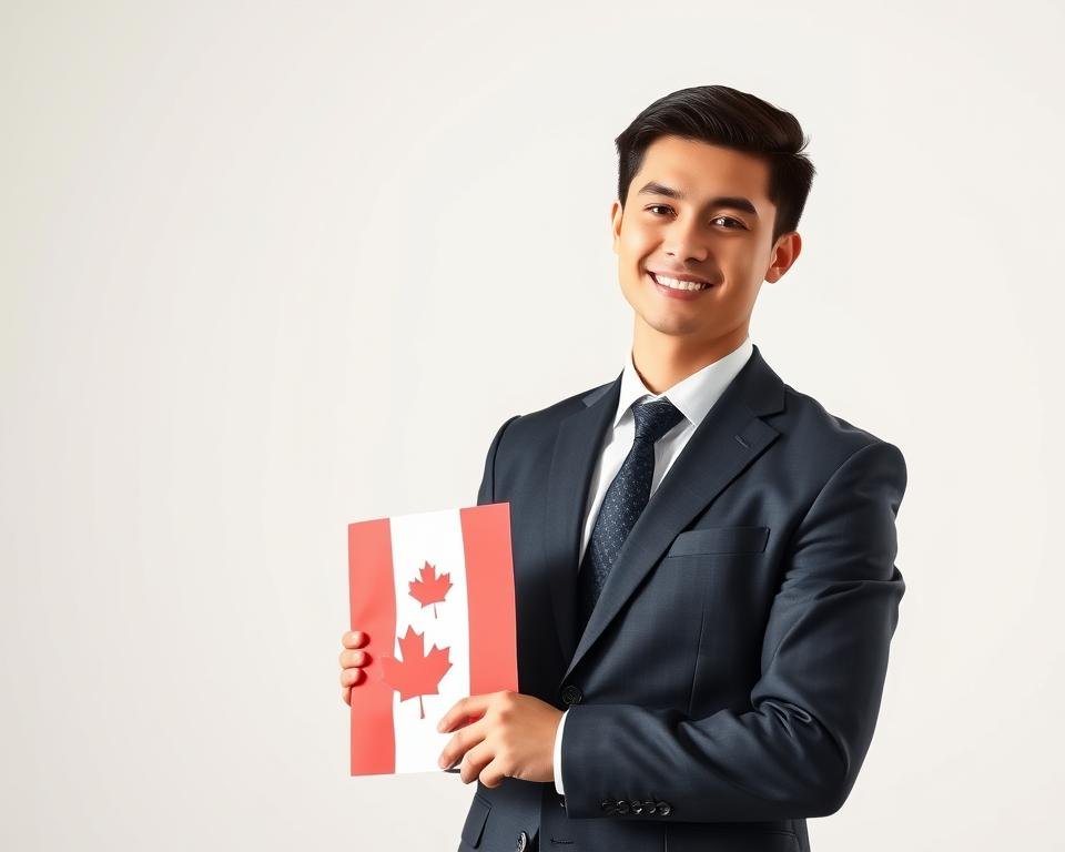 A well-dressed young professional posing confidently against a clean, minimalist background, holding a document emblazoned with the Canadian flag. Bright, even lighting subtly accentuates their confident expression and tailored attire, conveying a sense of accomplishment and readiness to embark on the next chapter. The scene evokes a mood of success, opportunity, and the fulfillment of educational and career aspirations for MBA graduates seeking post-study work visas in Canada.