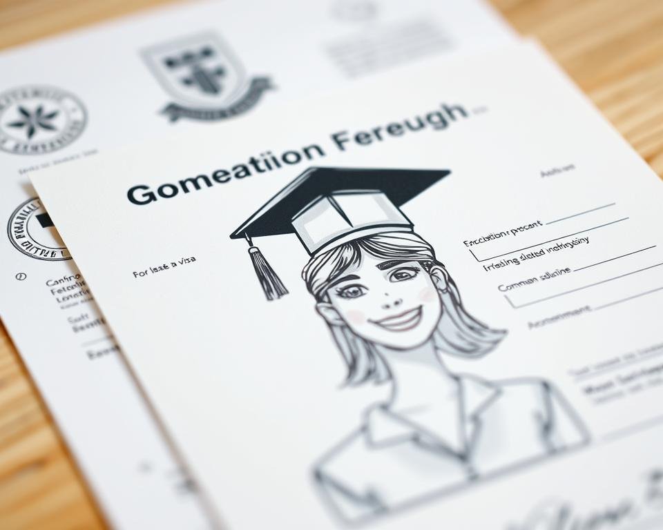 A well-lit, close-up photograph of a German job seeker visa form with a stylized, hand-drawn illustration of a smiling MBA graduate in the foreground. The visa form showcases the official branding and seals, capturing the legal and administrative aspects. The graduate's portrait conveys a sense of hope, ambition, and determination, reflecting the opportunities available to international students in Germany. The background is softly blurred, creating a sense of depth and focus on the key elements. The overall composition and lighting evoke a professional, yet approachable tone suitable for an informative article.