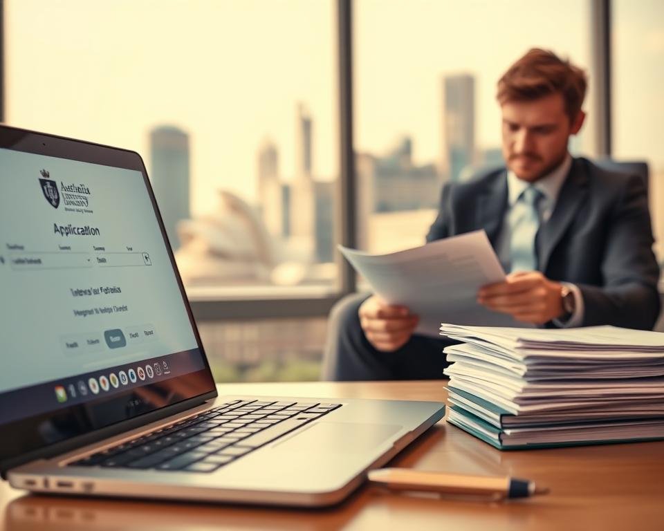 A well-lit office setting, the foreground features a laptop open to a university's online application portal, alongside a stack of neatly organized documents and a pen. In the middle ground, a person in a suit is carefully reviewing paperwork, a thoughtful expression on their face. The background showcases the iconic skyline of a major Australian city, hinting at the global opportunities an MBA can unlock. Soft, warm lighting creates a professional yet approachable atmosphere, reflecting the diligence and focus required in the MBA application process.