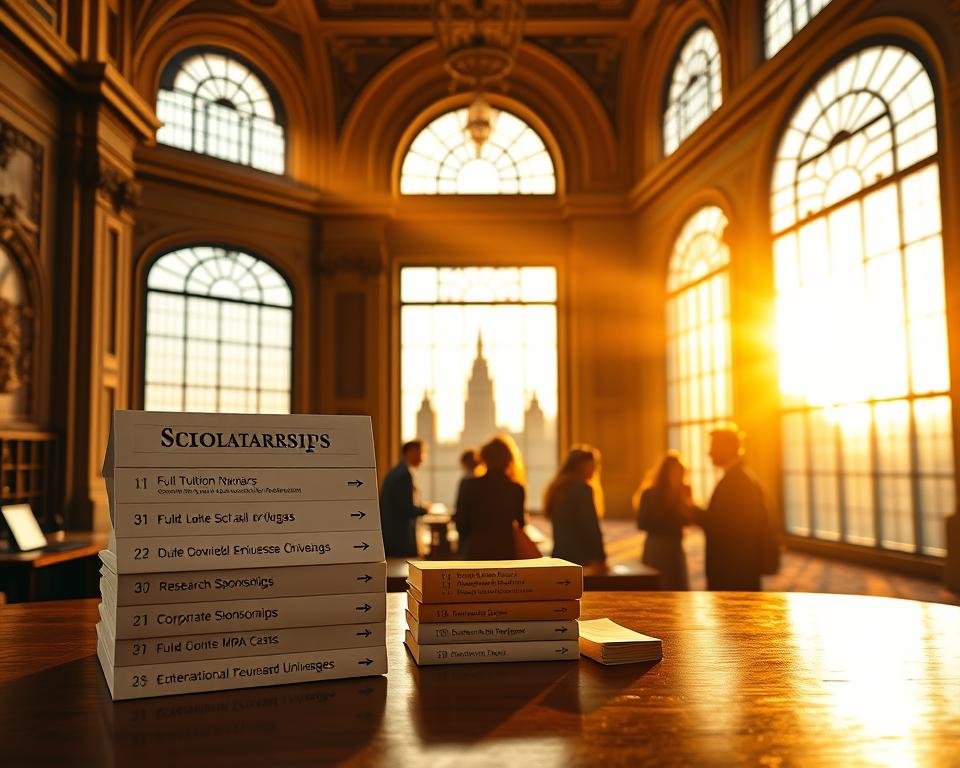 An impressive academic hall with high ceilings and ornate architectural details, bathed in warm, golden light streaming through large windows. In the foreground, various types of scholarships and financial aid for MBA programs are elegantly displayed on a polished wooden table, including full-tuition waivers, research grants, and corporate sponsorships. The middle ground features silhouettes of international students engaged in discussion, while the background depicts the vibrant city skyline of a prominent American university town. The overall atmosphere conveys the prestige, opportunity, and global reach of MBA scholarship programs in the United States.