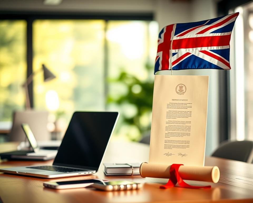 An office desk in a modern, sunlit workspace with a British flag and a diploma or certificate prominently displayed, symbolizing the journey of a recent MBA graduate pursuing post-study work opportunities in the UK. The desk features a laptop, a smartphone, and a few carefully curated items that suggest the individual's ambition and professionalism. The lighting is soft and natural, creating a sense of optimism and opportunity. The background subtly blurs, keeping the focus on the central elements that represent the post-study work visa experience.