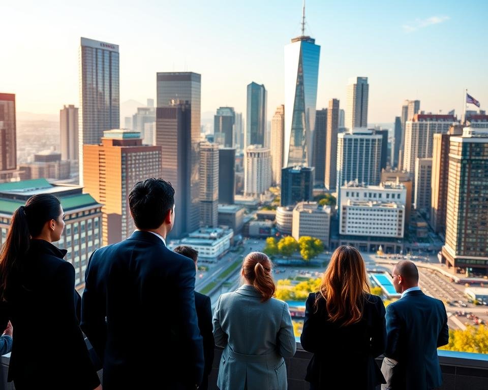 MBA job market trends in Canada, with a focus on the current state of the labor market for graduates holding a Master of Business Administration degree. The scene depicts a vibrant urban landscape, with a bustling financial district in the background, symbolizing the dynamic business environment. In the foreground, a group of professionals in business attire stand, engaged in discussion, representing the diverse opportunities available to MBA graduates. The lighting is warm and inviting, conveying a sense of optimism and growth. The angle is slightly elevated, providing a panoramic view of the scene, allowing the viewer to fully immerse themselves in the current state of the MBA job market in Canada.