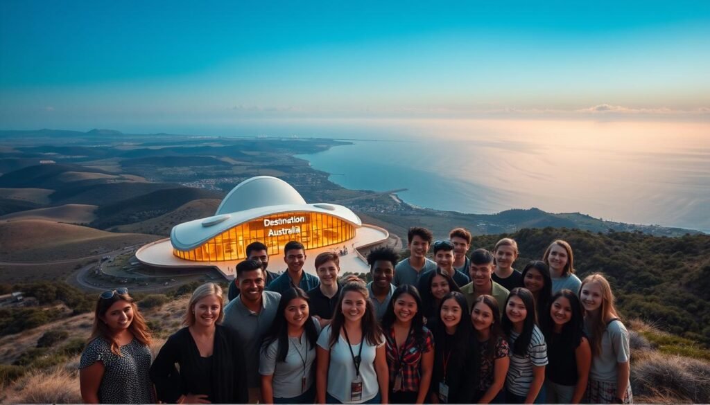 A breathtaking aerial view of the Australian landscape, with rolling hills, vast open spaces, and a shimmering ocean in the distance. In the foreground, a group of diverse students stand together, their faces alight with excitement and anticipation. Behind them, a sleek modern building with the "Destination Australia Scholarship" logo prominently displayed, illuminated by warm, golden lighting. The scene conveys a sense of opportunity, discovery, and the promise of a transformative educational experience in the heart of this vibrant country.