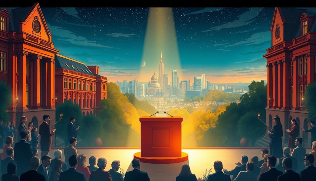 A captivating illustration of the University of Melbourne's prestigious graduate research scholarships. In the foreground, a vibrant tableau of scholars immersed in intellectual discourse, surrounded by the stately architecture of the university campus. In the middle ground, a warm spotlight illuminates a podium, symbolizing the accolades and opportunities that await successful applicants. In the background, a serene cityscape of Melbourne's skyline, hinting at the boundless possibilities that lie ahead for those who earn these coveted scholarships. Captured with a cinematic lens, this image conveys the gravity, prestige, and transformative potential of the University of Melbourne's graduate research programs.