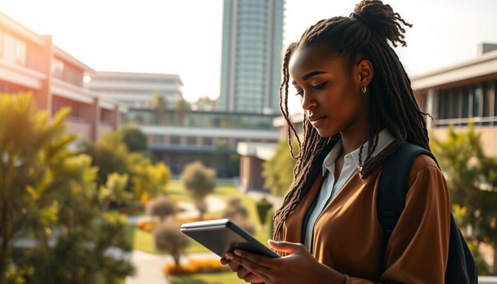 A captivating image of a development-related postgraduate student, illuminated by soft, natural lighting and set against a backdrop of a modern university campus. The student, dressed in professional attire, stands thoughtfully in the foreground, their gaze fixed on a tablet or laptop, symbolizing their dedication to their studies and research. The middle ground features a blend of contemporary architecture and lush greenery, conveying a sense of intellectual growth and progress. In the distance, a towering library or academic building stands as a testament to the wealth of knowledge and resources available to the postgraduate scholar. The overall atmosphere exudes a sense of academic excellence, innovation, and the transformative power of development-related postgraduate education.