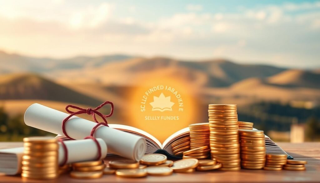 A crisp, clean scene depicting the concept of "fully funded" in the context of a scholarship program. In the foreground, a stack of gold coins and a diploma certificate, symbolizing the financial support and academic accolades. The middle ground showcases an open book with the scholarship program's logo, surrounded by a halo of light, conveying the illumination of opportunity. In the background, a warm, inviting landscape with rolling hills and a vibrant blue sky, suggesting the boundless potential and bright future that the scholarship unlocks. The overall composition exudes a sense of abundance, achievement, and the promise of a transformative educational journey, all captured through a cinematic lens with soft, directional lighting.