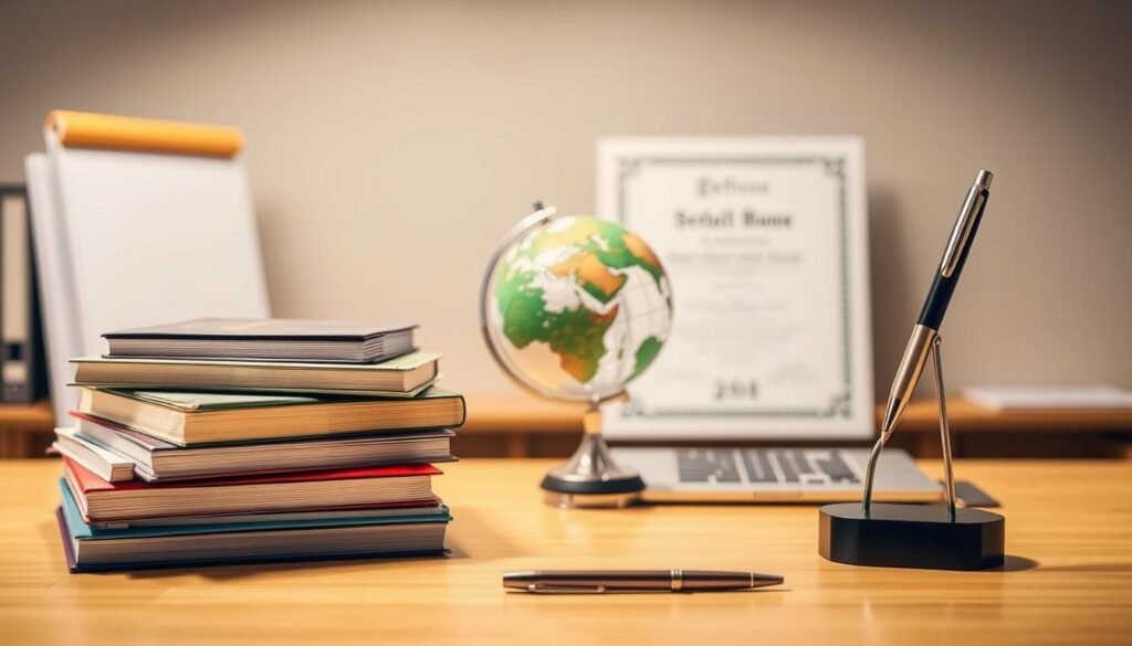 A crisp, well-lit image of a desk with several objects symbolizing the benefits of the Konrad-Adenauer-Stiftung scholarship. In the foreground, a stack of books, a laptop, and a pen stand, representing academic resources and opportunities. In the middle ground, a globe and a handshake, signifying international connections and networking. In the background, a diploma or certificate, alluding to the prestigious nature of the scholarship. The lighting is warm and inviting, creating a sense of professionalism and success. The overall composition conveys the comprehensive support and advantages the scholarship provides to its recipients.