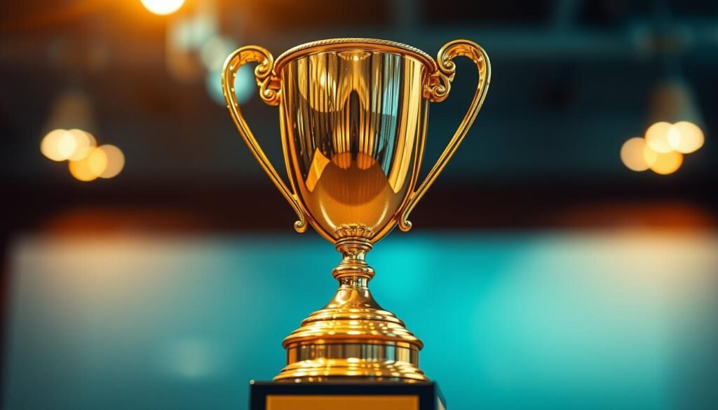 A detailed close-up view of a shiny award trophy, rendered in a high-quality, realistic style. The trophy is centered in the frame, bathed in warm, directional lighting that accentuates its intricate design and gleaming gold finish. The background is blurred, creating a sense of depth and focus on the trophy. The composition conveys a sense of prestige, accomplishment, and the tangible value represented by this prestigious academic award.