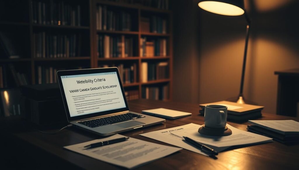A dimly lit study room, with warm lighting casting a soft glow on a wooden desk. On the desk, an open laptop displaying information on the eligibility criteria for the Vanier Canada Graduate Scholarship. Surrounding the laptop are neatly arranged documents, pens, and a cup of coffee, creating a contemplative and focused atmosphere. In the background, a bookshelf filled with academic tomes, hinting at the scholarly pursuit of the scene's occupant. The overall composition conveys the gravity and importance of the task at hand, as the viewer imagines a dedicated graduate student meticulously preparing their application for this prestigious academic award.