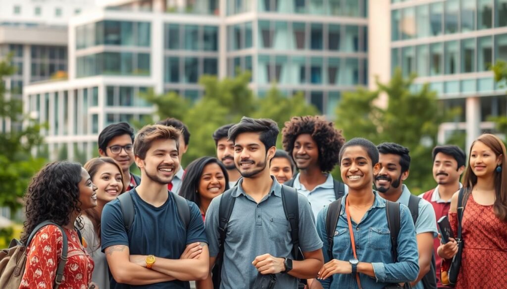 A diverse group of international students, each with unique aspirations, gathered against a backdrop of a modern university campus. The foreground features a mix of students from various cultures, ages, and academic disciplines, engaged in lively discussions and collaborative activities. The middle ground showcases a blend of architectural elements, such as glass-fronted buildings and lush greenery, creating a vibrant and welcoming atmosphere. The background is softly blurred, emphasizing the focus on the students and their eligibility for the prestigious Australia Awards Scholarships program.