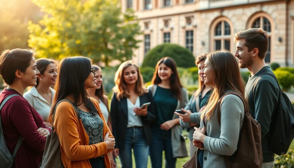 A diverse group of young, engaged scholars standing confidently in a sunlit, verdant garden setting. In the foreground, students of different backgrounds engage in lively discussion, their faces alight with intellectual curiosity. In the middle ground, a mix of genders, ethnicities, and disciplines converse animatedly, gesturing with purpose. The background reveals a stately, historic building, its warm stone facade hinting at the prestigious academic institution. Diffused, golden-hour lighting casts a welcoming, aspirational glow over the scene, capturing the spirit of the Heinrich Böll Foundation's commitment to education, global perspectives, and social justice.