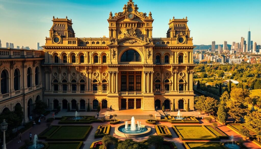A grand, ornate building with soaring arches, intricate stone carvings, and gleaming brass accents stands in the foreground. The architecture blends classical and modern elements, creating a majestic, academic atmosphere. Warm, golden sunlight bathes the structure, casting dramatic shadows and highlights. In the middle ground, well-manicured gardens and fountains surround the central building, conveying a sense of prestige and sophistication. The background features a picturesque cityscape, with skyscrapers and greenery in the distance, suggesting an urban, international setting. The overall scene evokes a prestigious, prestigious educational institution that commands respect and admiration.