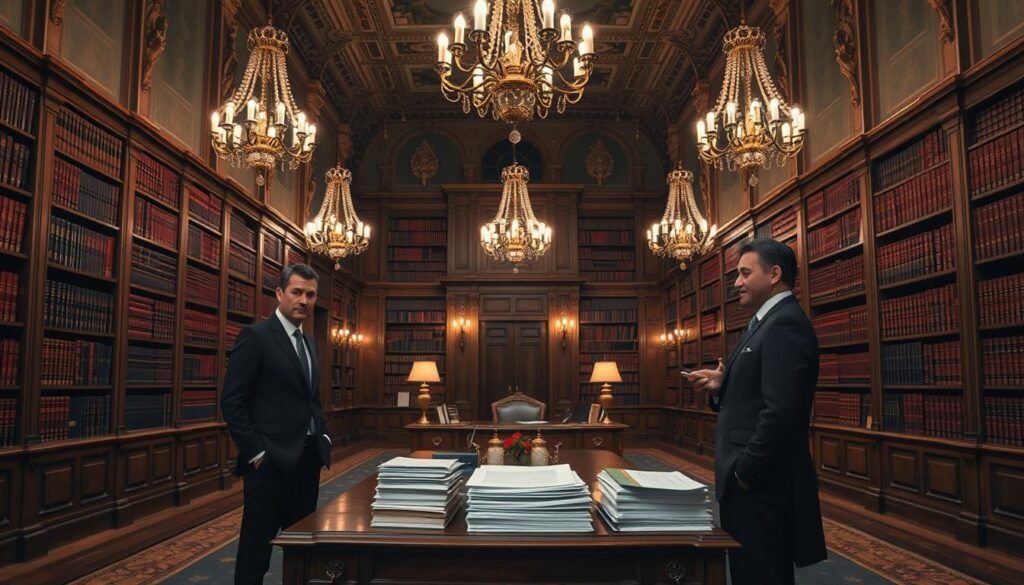 A grand, ornate hallway with tall ceilings and elegant chandeliers illuminating the space. In the center, a grand wooden desk sits, its surface adorned with a neatly organized stack of documents. Surrounding the desk, shelves filled with leather-bound books line the walls, creating a refined, scholarly atmosphere. In the foreground, a well-dressed person stands, their expression thoughtful as they review the documents, representing the selection process. The overall mood is one of prestige, intelligence, and careful consideration.