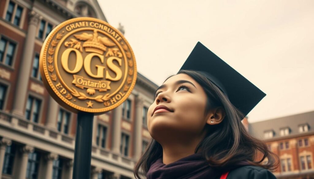 A grandiose academic achievement, the Ontario Graduate Scholarship (OGS) shines like a beacon, illuminating the path to success for graduate students. Set against a backdrop of stately university buildings, the OGS emblem stands tall, its intricate design etched in gold, a symbol of excellence and opportunity. Soft, diffused lighting casts a warm glow, accentuating the scholarship's importance and the gravity of the moment. In the foreground, a graduate student, brimming with determination, gazes upwards, their eyes filled with the promise of a future shaped by the support of this prestigious award. The composition evokes a sense of reverence and the transformative power of higher education, making the OGS a pivotal milestone for any aspiring scholar.