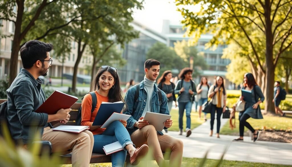 A group of diverse overseas students studying in a university campus setting. The foreground shows three students - one Asian, one African, and one European - sitting on a bench, deeply engaged in discussion with textbooks and laptops. The middle ground depicts a mix of international students walking around the lush, tree-lined campus grounds, some carrying backpacks, others chatting animatedly. The background showcases the university's modern architecture, with glass-fronted buildings and inviting public spaces. The lighting is natural, with a warm, golden tone reflecting the welcoming atmosphere. The camera angle is slightly elevated, capturing the dynamic energy and collaborative spirit of the overseas student community.
