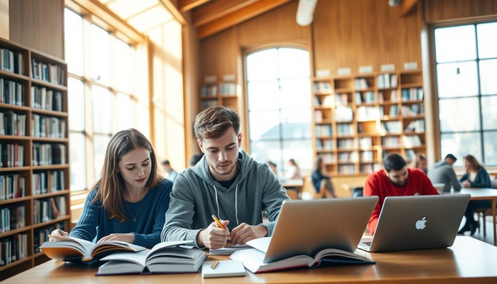 A group of international students studying intently at a desk in a cozy, sunlit university library in Germany. The foreground features three young adults - a woman in a blue sweater, a man in a gray hoodie, and another woman in a red blouse - poring over textbooks and laptops. In the middle ground, several other students are seated at tables, engaged in quiet discussion or focused research. The background showcases the warm, wooden bookshelves and large windows that flood the space with natural light, creating a contemplative, scholarly atmosphere. The overall scene conveys a sense of focused academic pursuit in a welcoming, supportive environment.
