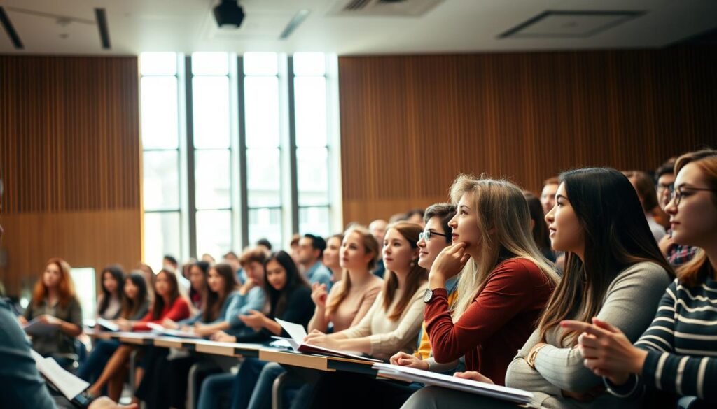 A group of university students sitting in a bright, airy lecture hall. The foreground features a diverse mix of young people - some taking notes, others engaged in discussion, all with a focused, studious demeanor. The middle ground showcases the professor at the front, gesturing animatedly as they deliver a captivating lecture. The background depicts the grand, wood-paneled walls and tall windows that lend an air of academia to the scene. The lighting is soft and natural, creating a warm, inviting atmosphere that reflects the intellectual curiosity and determination of the "studierende" within.