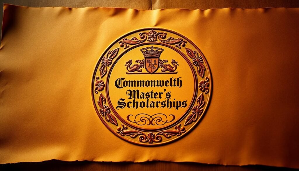 A majestic and ornate seal emblazoned on a rich, textured parchment. The crest features intricate heraldic symbols and the words "Commonwealth Master's Scholarships" emblazoned in an elegant calligraphic font. Soft, warm lighting casts a regal glow, highlighting the premium quality and importance of this prestigious academic award. The parchment is set against a backdrop of warm, earthy tones, creating a sense of tradition and gravitas. The overall composition conveys the prestige, opportunities, and international scope of the Commonwealth Master's Scholarships.