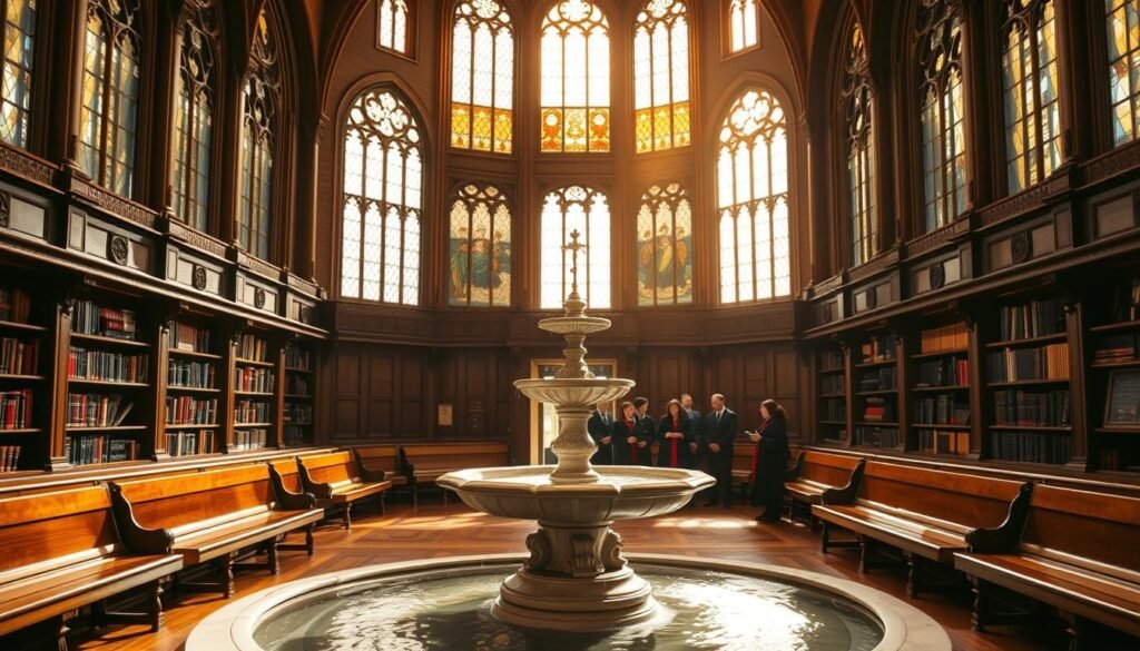 A majestic neo-Gothic hall, illuminated by warm golden light filtering through towering stained-glass windows. At the center, an ornate marble fountain cascades into a reflecting pool, surrounded by rows of polished wooden benches. Scholarly tomes line the shelves of the oak-paneled walls, casting an air of intellectual rigor. In the distance, a group of students in academic robes gather, deep in discussion, embodying the pursuit of knowledge that defines the Clarendon Scholarship at the University of Oxford. The scene exudes a sense of timeless tradition and esteemed academic excellence.