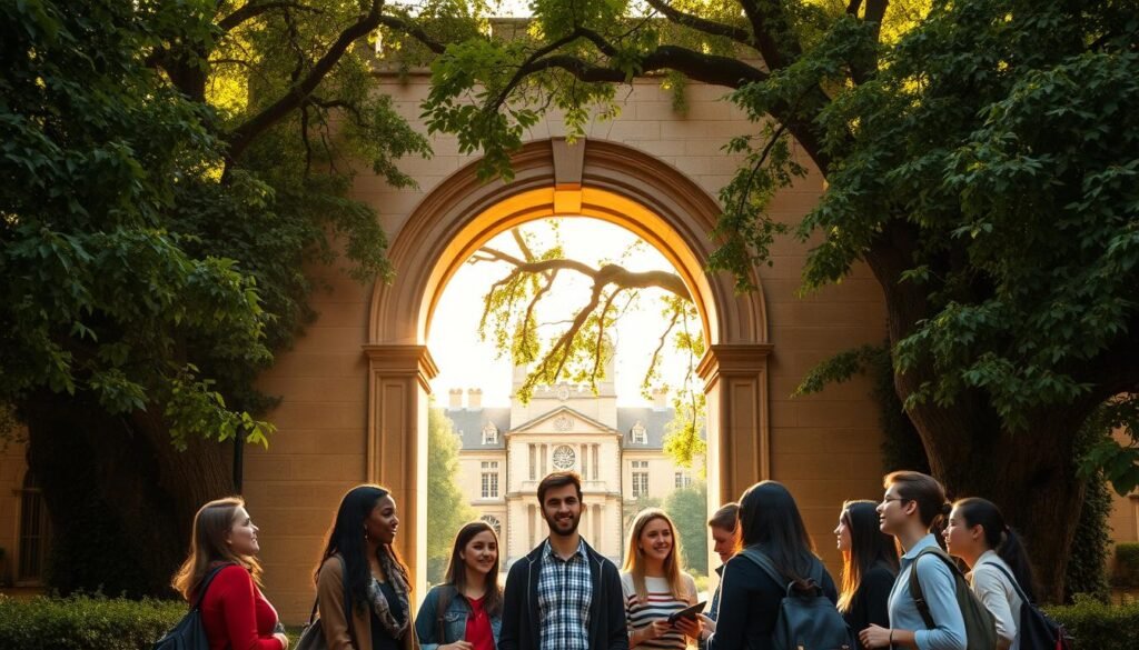 A majestic stone archway stands at the heart of an ivy-covered campus, the hallowed halls of the prestigious Rhodes Scholarship. Sunlight filters through towering oak trees, casting a warm glow over the scene. In the foreground, a group of accomplished students, diverse and driven, engage in lively discussion, their faces alight with the promise of a transformative educational journey. The architecture exudes a timeless elegance, a testament to the enduring legacy of this esteemed academic tradition. A sense of intellectual vigor and global ambition permeates the atmosphere, hinting at the boundless opportunities that await those who earn this coveted distinction. The image captures the essence of the Rhodes Scholarship in 2026 - a beacon of excellence, a pathway to greatness, and a testament to the power of education to shape the future.