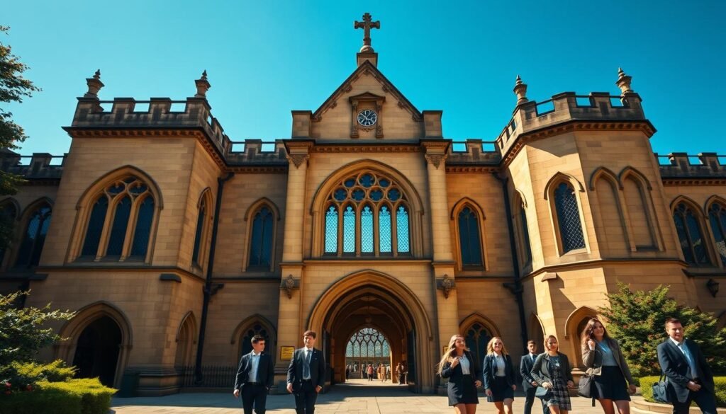 A majestic stone edifice standing proudly against a crisp, azure sky. The gates of Cambridge University, a hallmark of academic excellence, framed by ornate archways and lush greenery. Sunlight filters through stained glass windows, casting a warm, inviting glow over the scene. The architecture blends timeless elegance with a touch of scholarly grandeur, symbolizing the rich history and intellectual rigor that define this prestigious institution. In the foreground, students in formal attire stride purposefully, their faces brimming with ambition and determination, as they embark on their academic journeys within these esteemed walls.