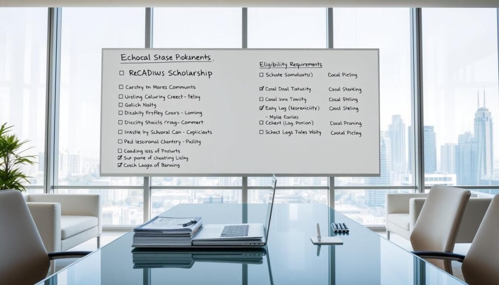 A modern office interior with a large whiteboard filled with bullet points and checklists, representing the eligibility requirements for a prestigious scholarship program. The lighting is bright and natural, with clean lines and minimalist furniture. In the foreground, a laptop and a stack of documents sit on a sleek, glass-topped desk, hinting at the application process. The background features tall windows overlooking a city skyline, suggesting the global reach and prestige of the opportunity. The overall atmosphere conveys a sense of professionalism, organization, and academic excellence.