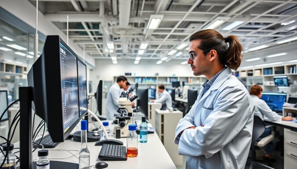 A modern, well-equipped research lab with clean, bright lighting. In the foreground, a scientist in a white lab coat is intently studying data displayed on a large computer screen. Surrounding them, various scientific equipment and instruments, including microscopes, beakers, and test tubes. In the middle ground, other researchers collaborate at workstations, engaged in thoughtful discussion. The background showcases a panoramic view of the lab, highlighting the advanced technology and infrastructure supporting the research project. The overall atmosphere conveys a sense of intellectual curiosity, scientific rigor, and a collaborative, innovative spirit.