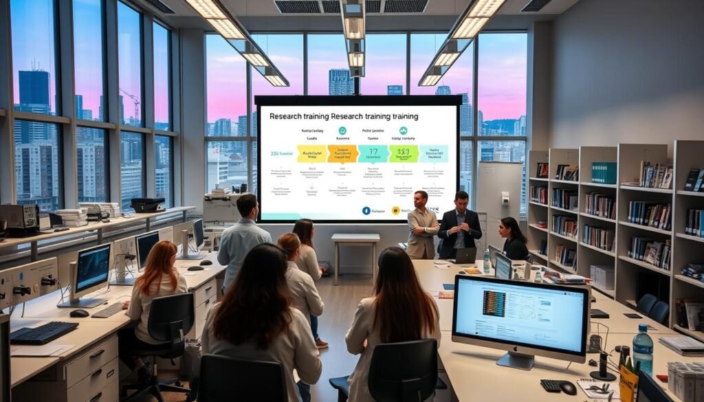 A modern, well-lit research laboratory interior with sleek workstations, high-tech equipment, and large windows overlooking a vibrant city skyline. In the foreground, a group of postgraduate researchers engaged in collaborative discussions, surrounded by informative data visualizations and academic references. The middle ground features a central projection screen displaying an overview of a research training program, with key information and milestones highlighted. The background showcases a sense of academic rigor and intellectual curiosity, with shelves of scientific journals, awards, and accolades adorning the walls. The overall atmosphere conveys a dynamic, innovative, and nurturing environment for advanced research training.