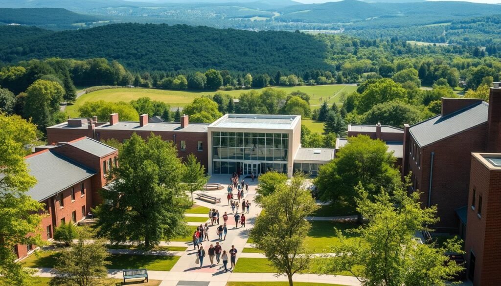 A peaceful, sun-dappled regional campus nestled in rolling hills, with a modern, glass-fronted library building at the center. Students stroll along tree-lined paths, engrossed in conversation or studying outdoors on benches. The campus has a vibrant, welcoming atmosphere, with a mix of classic brick buildings and contemporary architecture. The lighting is soft and warm, creating a sense of tranquility. In the background, the lush, verdant landscape stretches out, hinting at the natural beauty of the surrounding region. Overall, the scene conveys the opportunity for a fulfilling, community-oriented educational experience in a picturesque regional setting.