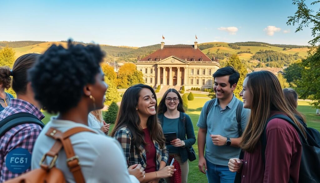 A scenic view of a university campus in Germany, with a focus on the benefits of the Friedrich Ebert Stiftung Scholarship. In the foreground, a group of diverse students engaged in animated discussion, their faces alight with enthusiasm. The middle ground showcases the grand, stately architecture of the university, evoking a sense of tradition and academic excellence. In the background, a lush, verdant landscape with rolling hills and a clear, blue sky, symbolizing the boundless opportunities the scholarship offers. Soft, warm lighting bathes the scene, creating an inviting and inspirational atmosphere. The overall composition conveys the transformative power of the scholarship, empowering students to pursue their academic dreams and unlock a brighter future.