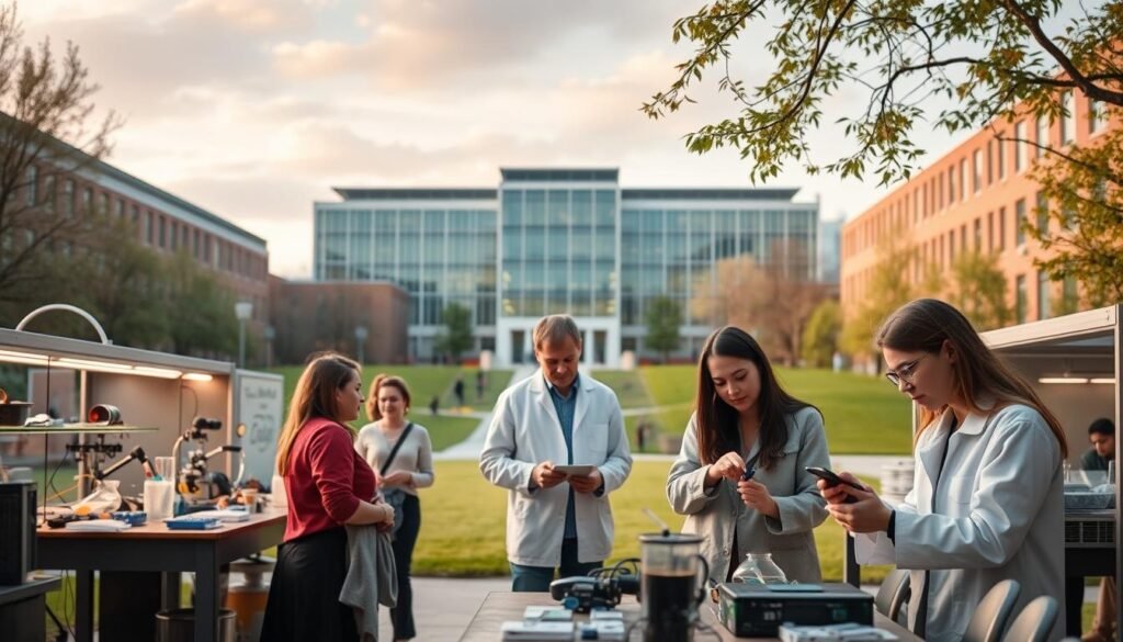 A serene academic campus, its manicured grounds dotted with research labs and modern facilities. In the foreground, students diligently work on various experiments and prototypes, their faces focused and determined. In the middle ground, professors guide them, offering insights and encouragement. The background features a grand, contemporary university building, its glass facade reflecting the sky above. Soft, warm lighting illuminates the scene, creating an atmosphere of intellectual curiosity and collaborative discovery. The overall impression conveys the dynamic nature of Canadian research opportunities, where cutting-edge projects and mentorship come together to shape the next generation of innovators.