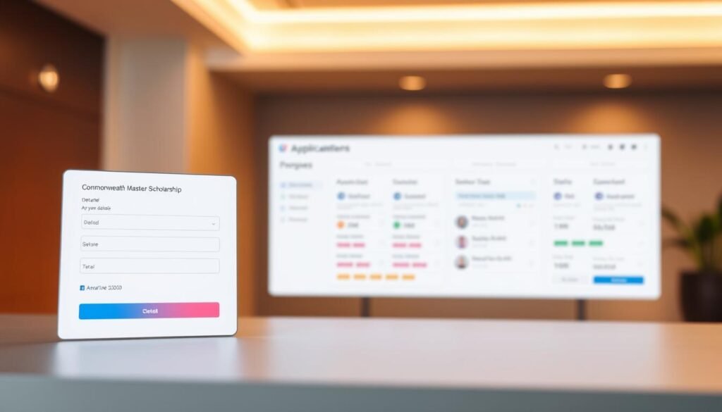A serene and modern application system interface, with a clean and minimalist design. The foreground features a simple yet elegant application form, inviting the user to input their details. The middle ground showcases a neatly organized dashboard, displaying status updates and progress bars for the various steps in the application process. The background is a soft, blurred gradient, creating a sense of depth and focus on the main elements. Warm, diffused lighting illuminates the scene, giving it a professional and approachable atmosphere. The overall composition conveys a seamless, user-friendly experience for the Commonwealth Master's Scholarship application.