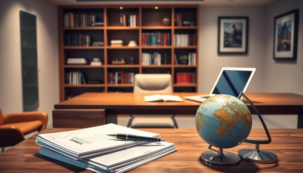A sleek, modern office space with a large wooden desk showcasing a laptop, notebook, and pen. In the foreground, a stack of travel documents and a globe sit prominently, hinting at the "research travel allowance" theme. Soft, directional lighting casts a warm glow, creating a professional yet inviting atmosphere. The background features bookshelves and framed artwork, suggesting an academic or scholarly environment. The overall composition conveys the idea of funding and resources available for research-related travel and exploration.