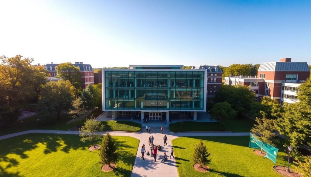A stunning aerial view of the Vanier Canada Graduate Scholarships (Vanier CGS) building, situated amidst a verdant campus. The modern, glass-fronted structure stands tall, its clean lines and sleek design reflecting the prestigious nature of the program. Warm, directional sunlight illuminates the scene, casting subtle shadows and highlighting the building's architectural details. In the foreground, a manicured lawn and strategically placed trees create a sense of tranquility, while the middle ground showcases the vibrant student life, with individuals engaged in lively discussions. The background blends seamlessly, featuring other campus buildings and a clear, azure sky, conveying the intellectual atmosphere of the Vanier CGS environment.