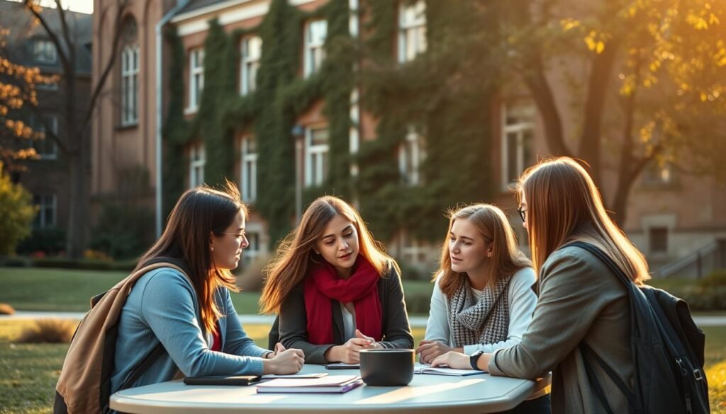 A tranquil university campus, with tall, ivy-covered buildings in the background. In the foreground, a group of diverse graduate students, dressed in academic attire, gathered around a table, deeply engaged in discussions about their research projects. The lighting is warm and golden, creating a sense of scholarly contemplation. The angle is slightly elevated, allowing the viewer to observe the scene from an insightful perspective. The overall atmosphere conveys the excitement and dedication of these aspiring researchers, as they navigate the path towards their graduate degrees.