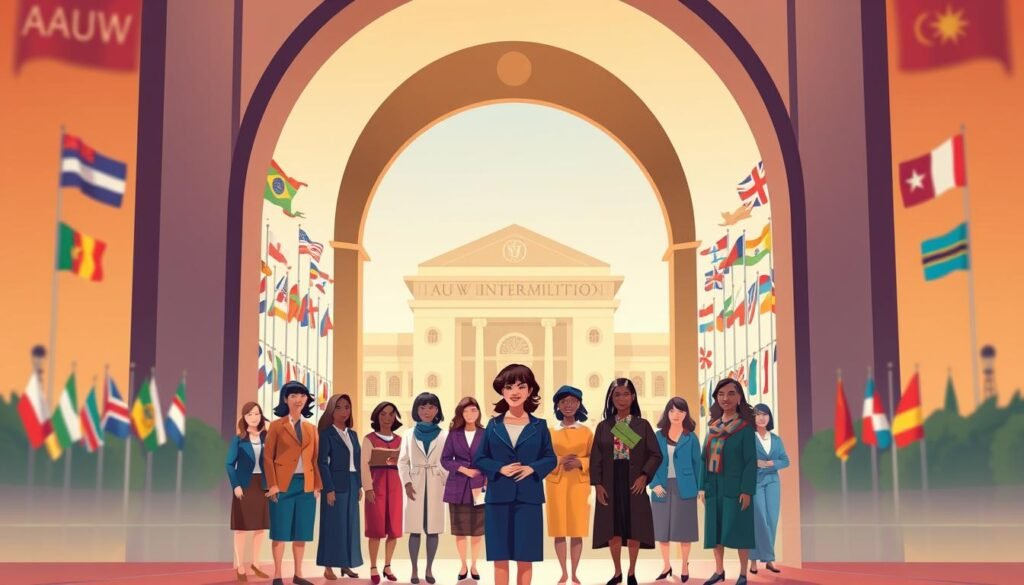 A vibrant, elegant illustration of the AAUW International Fellowships. In the foreground, a group of diverse women scholars stand confidently, representing the program's global reach. In the middle ground, a grand archway frames the scene, evoking the prestigious academic institutions that host these prestigious awards. In the background, a kaleidoscope of flags and symbols suggests the international scope and significance of the fellowships, empowering women to advance their studies and careers worldwide. Soft, warm lighting casts a sense of opportunity and aspiration, while a subtle depth of field draws the eye to the central figures. An inspiring, dynamic composition that captures the essence of the AAUW International Fellowships.