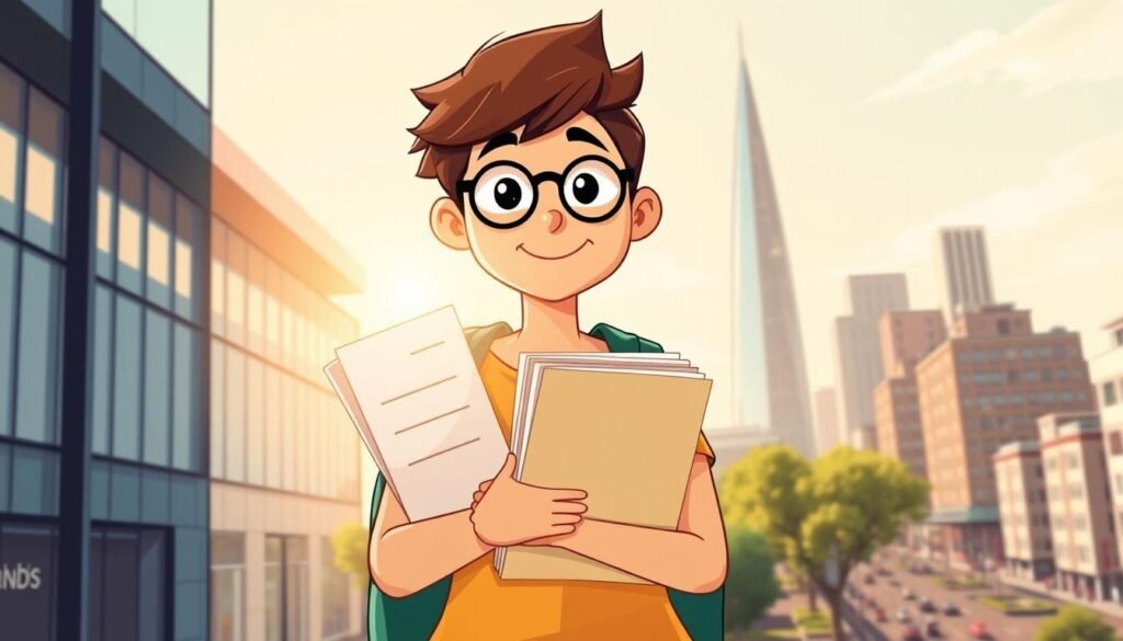 A vibrant illustration of the "Deutschlandstipendium" program, showcasing the opportunities it offers. In the foreground, a young student stands confidently, holding a stack of documents representing the awarded scholarship. Warm sunlight streams through the windows, casting a glow on their determined expression. In the middle ground, a sleek, modern university campus building stands tall, symbolizing the academic excellence supported by the program. The background features a cityscape of skyscrapers and bustling streets, hinting at the diverse career possibilities unlocked by the Deutschlandstipendium. The overall scene conveys a sense of empowerment, opportunity, and the transformative impact of this prestigious educational scholarship.