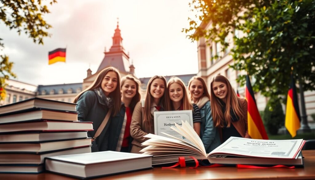 A vibrant, well-lit image showcasing the key benefits of the Heinrich Böll Foundation Scholarship in Germany. In the foreground, a stack of books, a laptop, and a certificate symbolize the academic support and resources provided. In the middle ground, a diverse group of students smile, representing the international community fostered by the program. In the background, the iconic architecture of a German university campus sets the scene, with the nation's flag subtly visible to convey the patriotic aspect of the scholarship. Warm lighting and a sense of opportunity and optimism permeate the composition, encouraging viewers to consider the transformative potential of this prestigious academic opportunity.