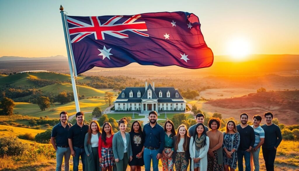 An expansive landscape of rolling hills and lush greenery, with the iconic Australian flag majestically unfurled, casting a warm glow across the scene. In the foreground, a group of diverse individuals, representing the global reach of the Australia Awards Scholarships, stand united, their faces alight with enthusiasm and determination. The middle ground features a stately university building, its architecture a harmonious blend of modern and traditional styles, symbolizing the academic excellence and global prestige of the program. In the background, a breathtaking panorama of the Australian outback, with the sun's golden rays illuminating the rugged terrain, evoking the country's enduring spirit and natural wonders. The overall composition conveys a sense of opportunity, growth, and the boundless potential that awaits those who dare to pursue the Australia Awards Scholarships. An expansive landscape of rolling hills and lush greenery, with the iconic Australian flag majestically unfurled, casting a warm glow across the scene. In the foreground, a group of diverse individuals, representing the global reach of the Australia Awards Scholarships, stand united, their faces alight with enthusiasm and determination. The middle ground features a stately university building, its architecture a harmonious blend of modern and traditional styles, symbolizing the academic excellence and global prestige of the program. In the background, a breathtaking panorama of the Australian outback, with the sun's golden rays illuminating the rugged terrain, evoking the country's enduring spirit and natural wonders. The overall composition conveys a sense of opportunity, growth, and the boundless potential that awaits those who dare to pursue the Australia Awards Scholarships.