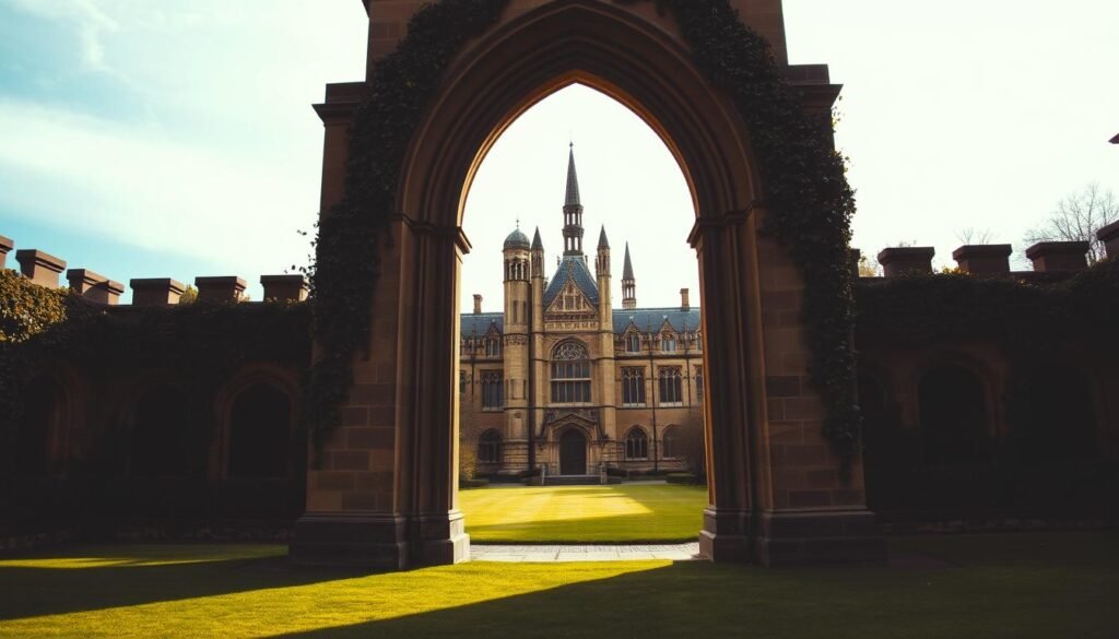 An ornate, neo-Gothic archway framed by ivy-covered stone walls, casting long shadows across a manicured lawn. In the middle ground, a grand, multi-spired building with intricate architectural details in the classic Cambridge University style. The sky is a soft, overcast blue, lending a contemplative, scholarly atmosphere. Warm, directional lighting illuminates the scene, highlighting the textures of the weathered stone. The overall composition evokes a sense of tradition, knowledge, and the storied history of the prestigious Gates Cambridge Scholarship program.