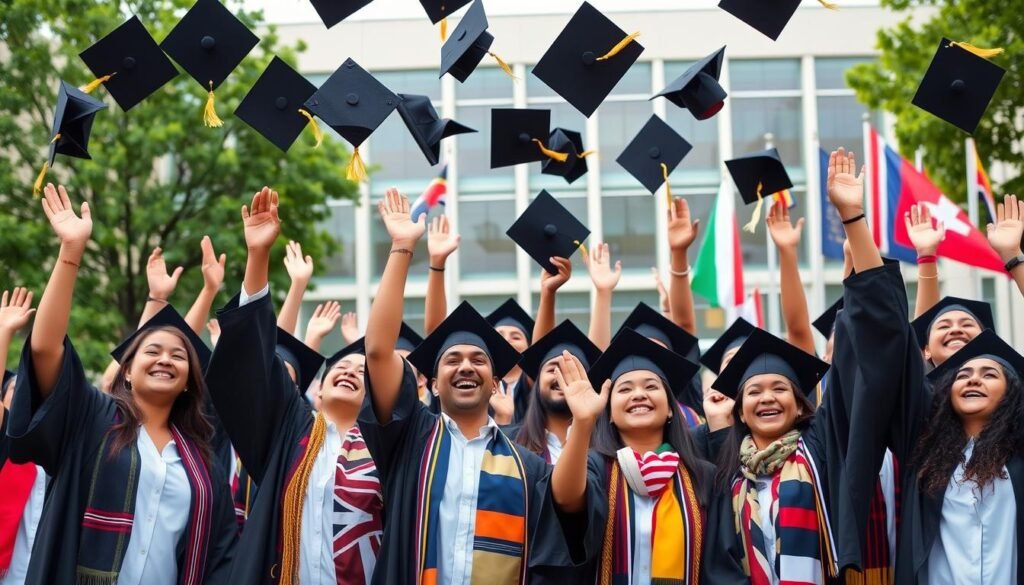 Diverse group of international students celebrating graduation success after receiving scholarships