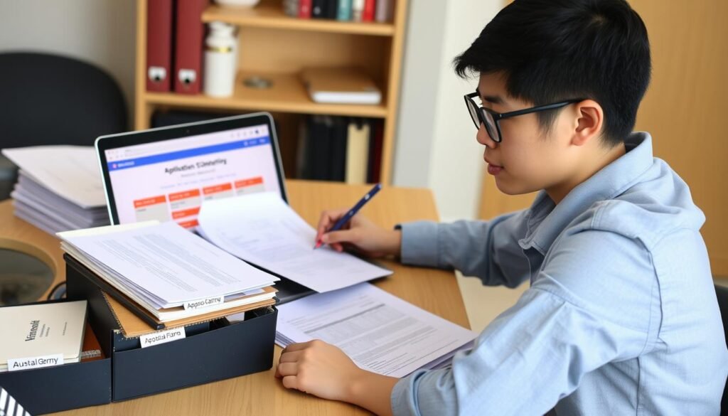 International student completing scholarship application forms for study opportunities abroad