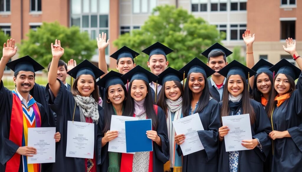 International students from diverse backgrounds celebrating graduation with scholarships, jobs & study opportunities for international students