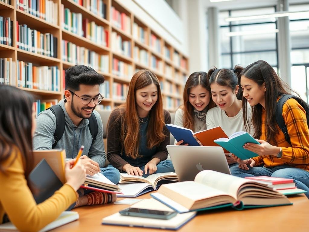 International students in a study group at a university library abroad