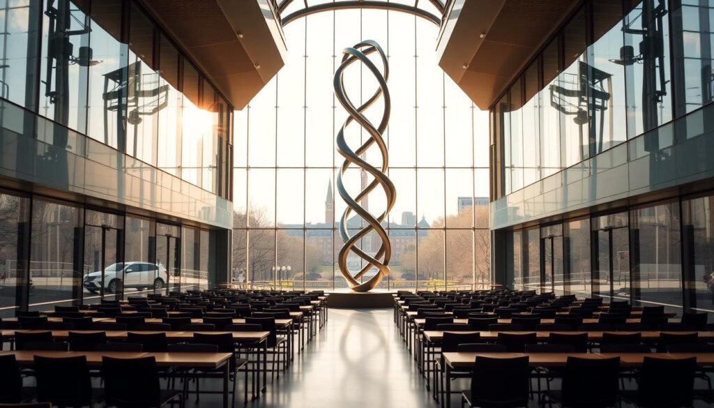 Pearson International Scholarship: A Luminous Gateway to Academic Excellence A shimmering glass atrium, its sleek lines and gleaming surfaces bathed in warm, diffused light. At the center, a towering sculpture of interlocking metal forms, a symbolic representation of the global connections fostered by the Pearson International Scholarship. Surrounding the atrium, rows of wooden desks and chairs, each one a testament to the dedication and hard work of the scholarship recipients. In the distance, the iconic spires of the University of Toronto campus, a timeless backdrop for this portrait of academic aspiration and achievement.